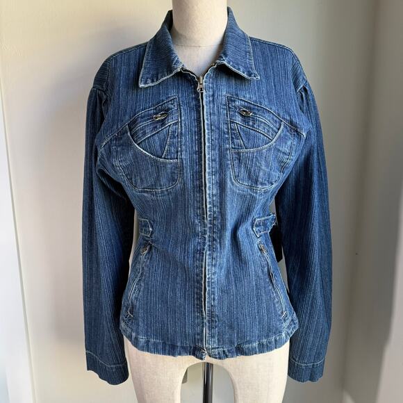 Bacci Jeans Denim Jacket Y2K Utility Puff Shoulder Cinched Waist Women’s Medium - Picture 2 of 10